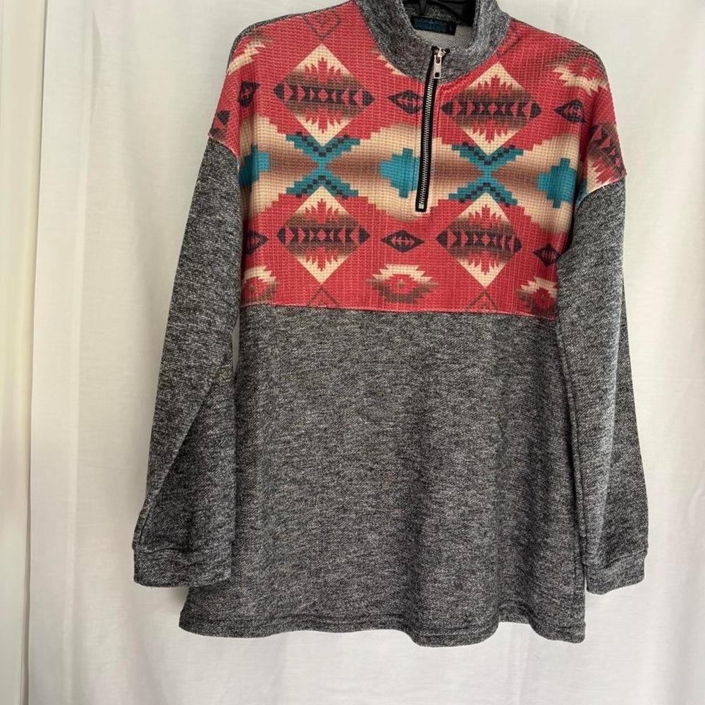 Women's 1/4 Zip Mock Neck Pullover Sweatshirt Geometric Southwestern L Gray